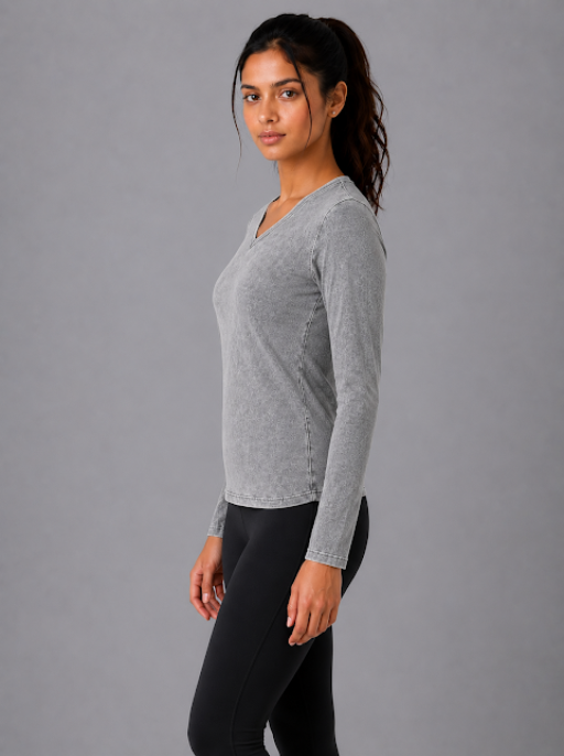 Over Dyed V-Neck Top Grey