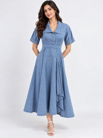 Overdyed Washed Dress in Cotton Twill-Denim Blue