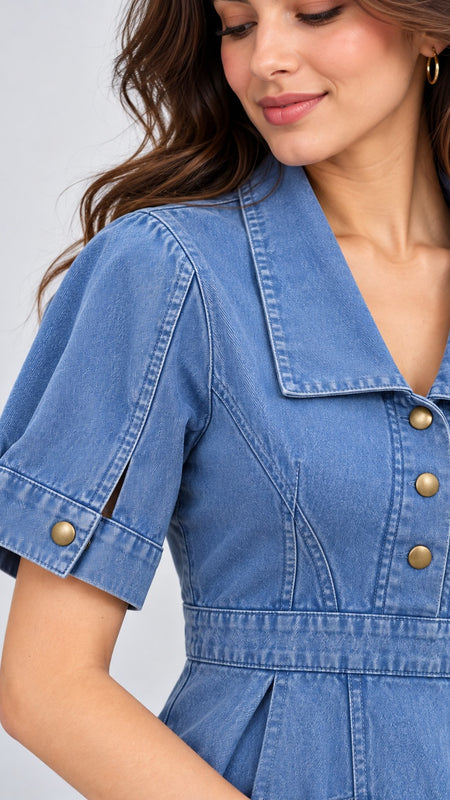 Overdyed Washed Dress in Cotton Twill-Denim Blue