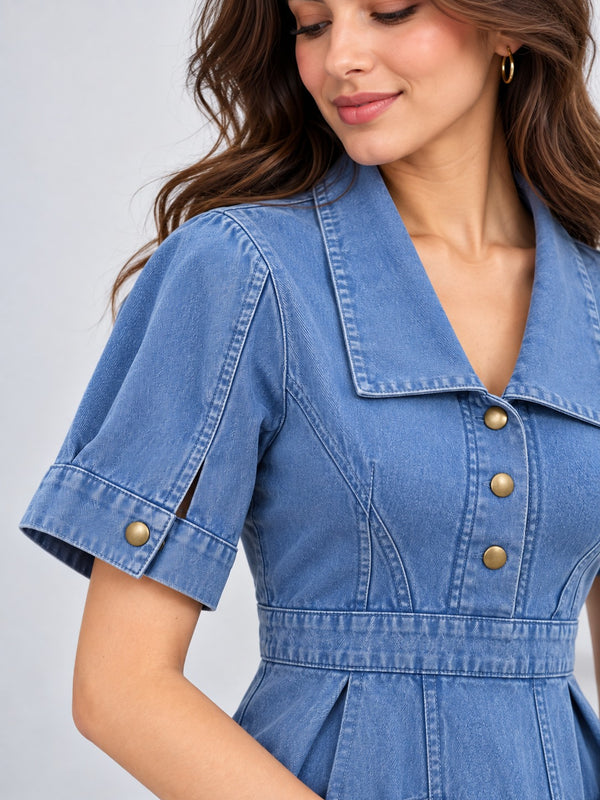 Overdyed Washed Dress in Cotton Twill-Denim Blue