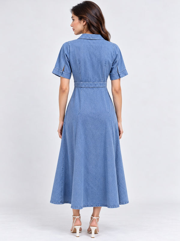 Overdyed Washed Dress in Cotton Twill-Denim Blue