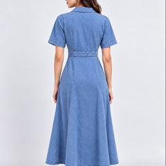 Overdyed Washed Dress in Cotton Twill-Denim Blue