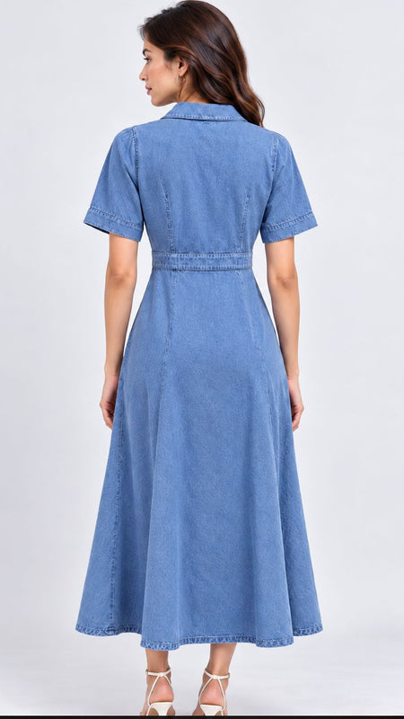 Overdyed Washed Dress in Cotton Twill-Denim Blue