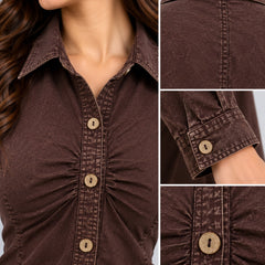 l Fitted Cotton Overdyed top with Coconut Buttons-Americano Coffee