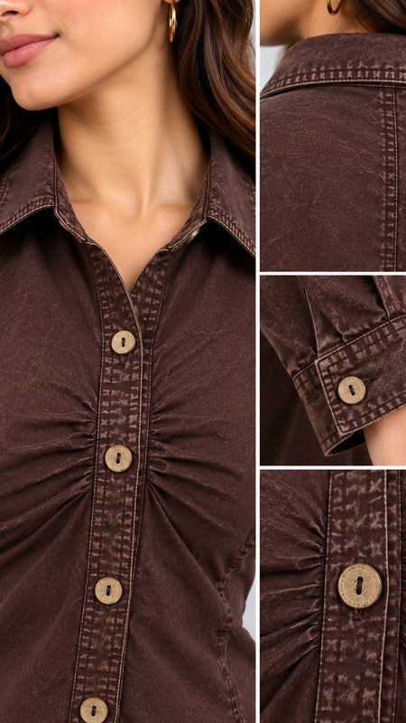 l Fitted Cotton Overdyed top with Coconut Buttons-Americano Coffee