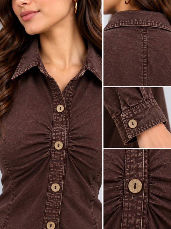 l Fitted Cotton Overdyed top with Coconut Buttons-Americano Coffee
