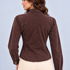 l Fitted Cotton Overdyed top with Coconut Buttons-Americano Coffee