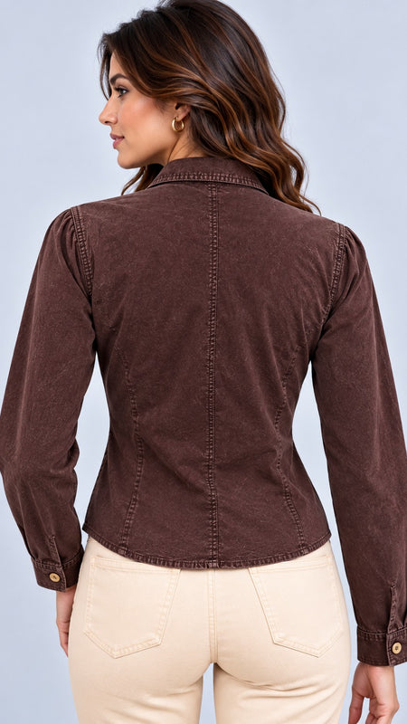 l Fitted Cotton Overdyed top with Coconut Buttons-Americano Coffee