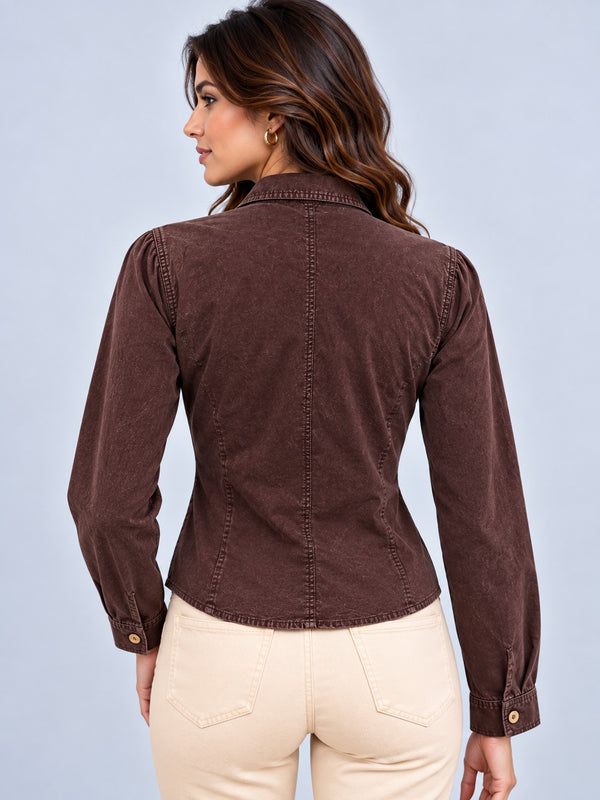 l Fitted Cotton Overdyed top with Coconut Buttons-Americano Coffee