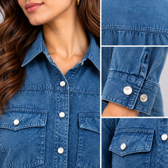 Double Pocket Overdyed Washed Blouse-Denim Blue