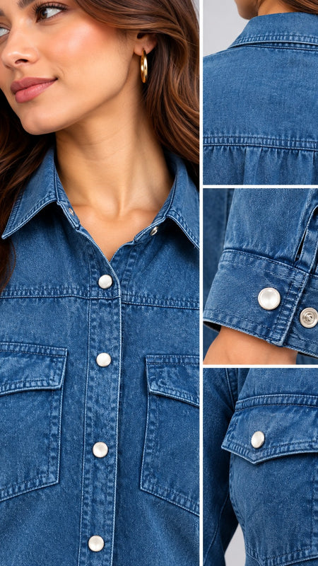Double Pocket Overdyed Washed Blouse-Denim Blue