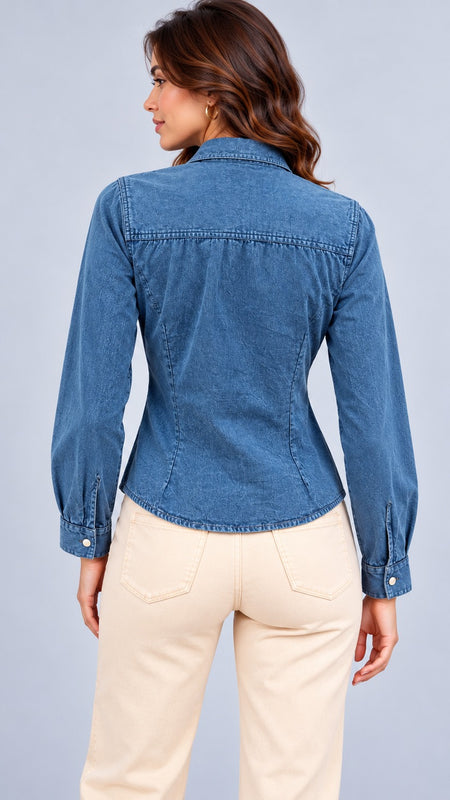 Double Pocket Overdyed Washed Blouse-Denim Blue