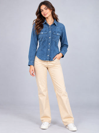 Double Pocket Overdyed Washed Blouse-Denim Blue