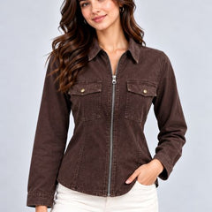 Over Dyed Washed Zip Up Blouse- Americano Coffee
