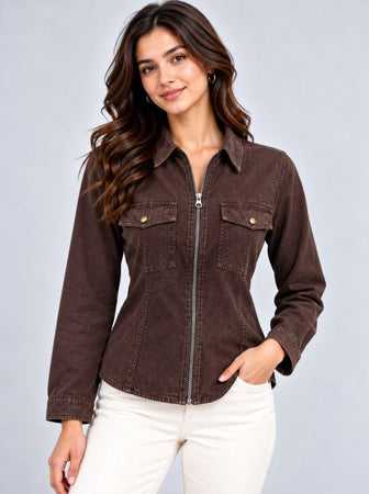 Over Dyed Washed Zip Up Blouse- Americano Coffee