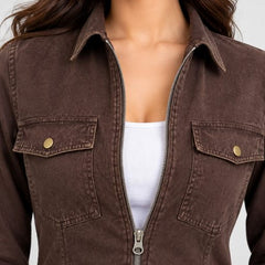 Over Dyed Washed Zip Up Blouse- Americano Coffee