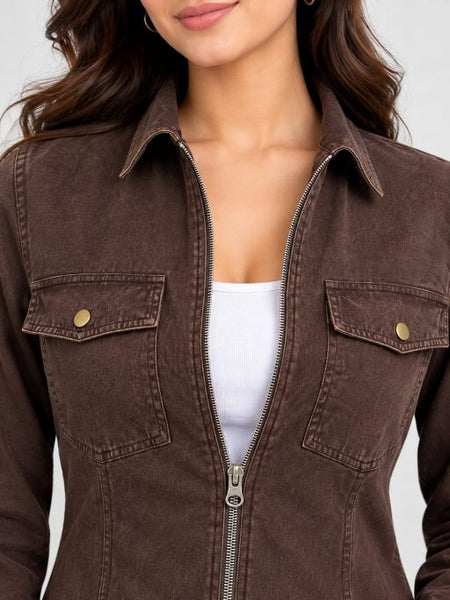 Over Dyed Washed Zip Up Blouse- Americano Coffee