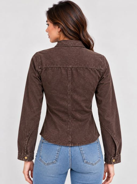 Over Dyed Washed Zip Up Blouse- Americano Coffee