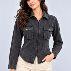 Over Dyed Washed Zip Up Blouse with Baggy Pockets -Charcoal