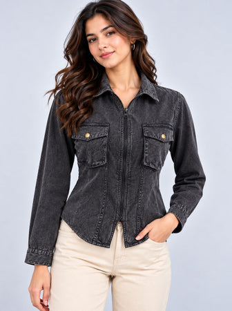 Over Dyed Washed Zip Up Blouse with Baggy Pockets -Charcoal