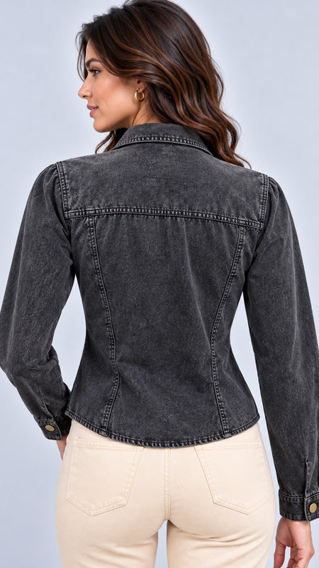Over Dyed Washed Zip Up Blouse with Baggy Pockets -Charcoal