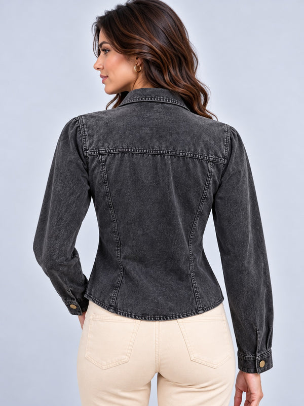 Over Dyed Washed Zip Up Blouse with Baggy Pockets -Charcoal
