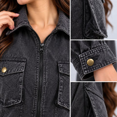 Over Dyed Washed Zip Up Blouse with Baggy Pockets -Charcoal