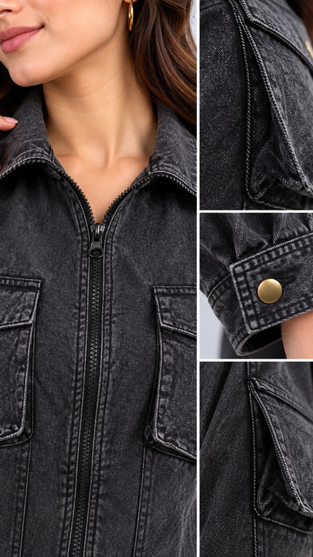 Over Dyed Washed Zip Up Blouse with Baggy Pockets -Charcoal