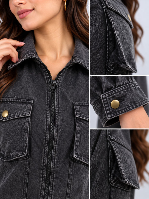 Over Dyed Washed Zip Up Blouse with Baggy Pockets -Charcoal