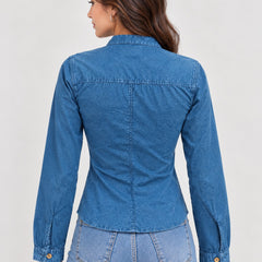 Washed Overdyed Cotton fitted Top with Coconut Buttons -Denim Blue