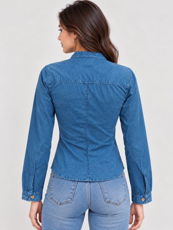 Washed Overdyed Cotton fitted Top with Coconut Buttons -Denim Blue