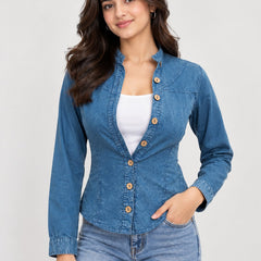 Washed Overdyed Cotton fitted Top with Coconut Buttons -Denim Blue