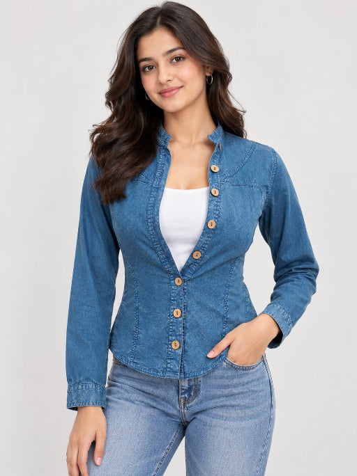 Washed Overdyed Cotton fitted Top with Coconut Buttons -Denim Blue