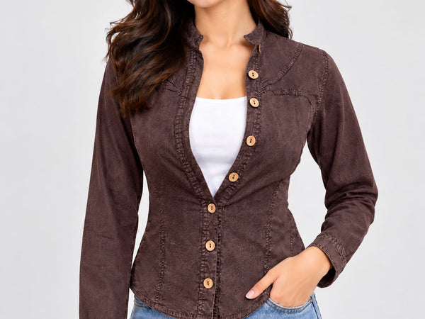 Washed Overdyed Cotton fitted Top with Coconut Buttons