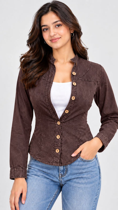 Washed Overdyed Cotton fitted Top with Coconut Buttons