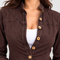 Washed Overdyed Cotton fitted Top with Coconut Buttons