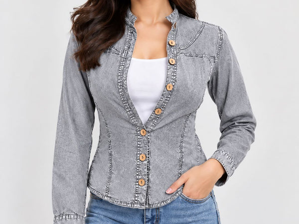 Washed Overdyed Cotton fitted Top with Coconut Buttons