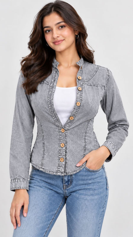 Washed Overdyed Cotton fitted Top with Coconut Buttons