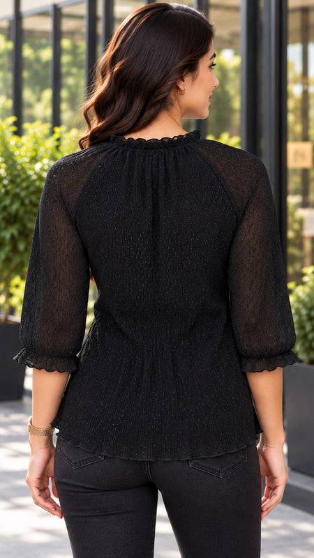 Black Pleated Ruffle Neck Top
