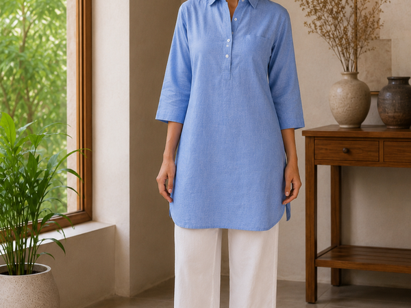 Women’s Light Blue Printed Straight Kurta with White Pants