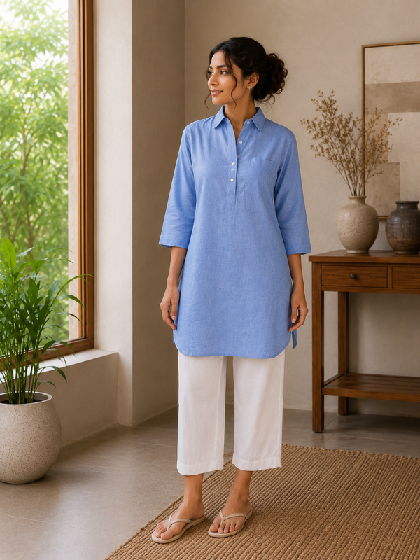 Women’s Light Blue Printed Straight Kurta with White Pants
