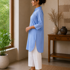 Women’s Light Blue Printed Straight Kurta with White Pants