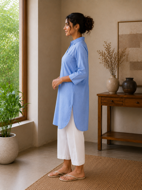 Women’s Light Blue Printed Straight Kurta with White Pants