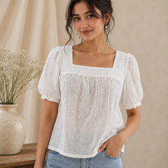 Women's White Embroidered Cotton Puff Sleeve Top