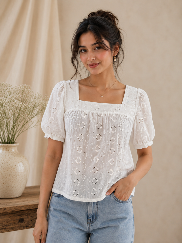 Women's White Embroidered Cotton Puff Sleeve Top