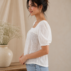 Women's White Embroidered Cotton Puff Sleeve Top