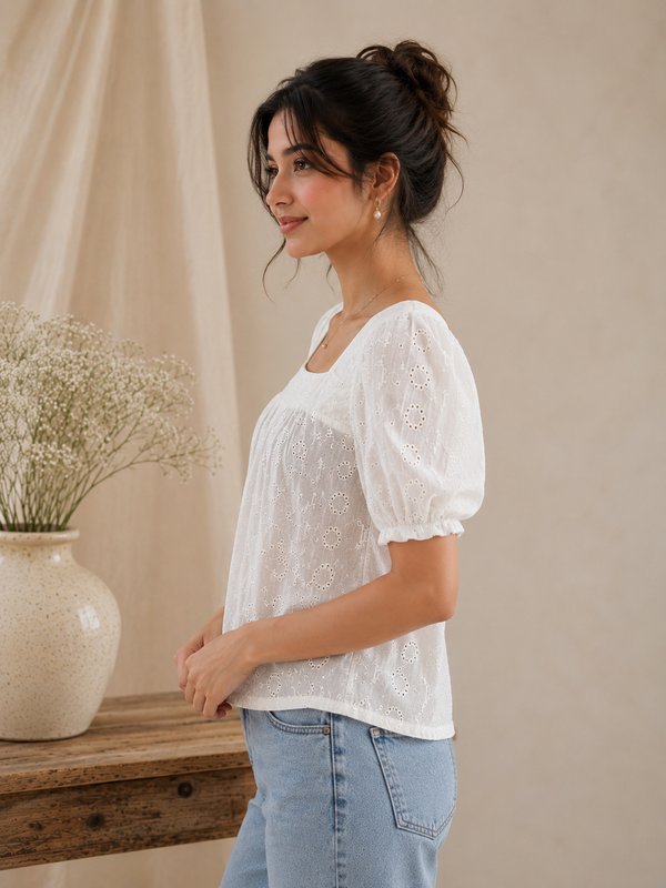 Women's White Embroidered Cotton Puff Sleeve Top