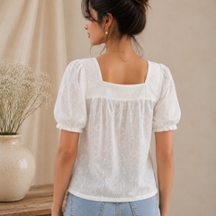 Women's White Embroidered Cotton Puff Sleeve Top