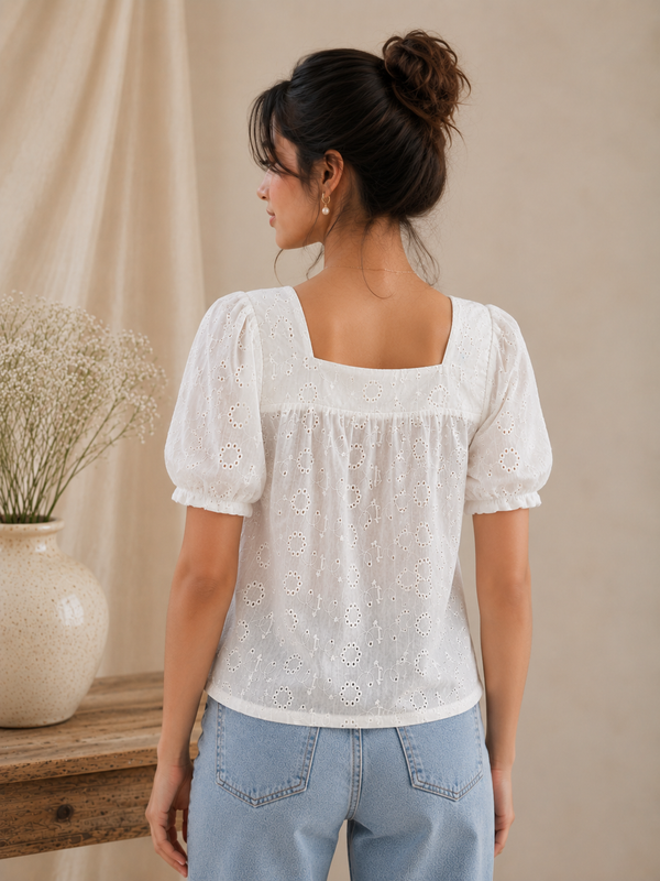 Women's White Embroidered Cotton Puff Sleeve Top