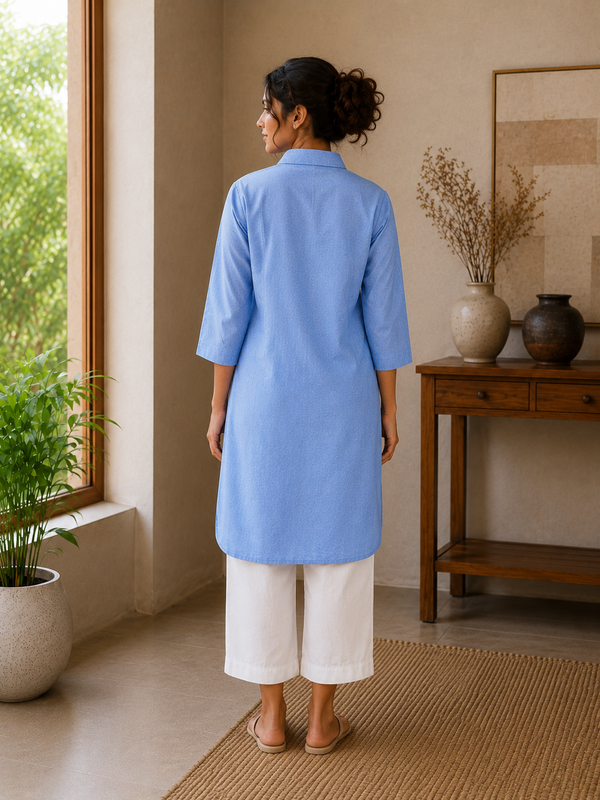 Women’s Light Blue Printed Straight Kurta with White Pants